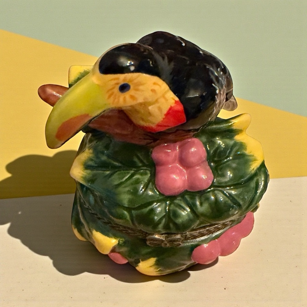 Vintage Toucan Tropical Bird Trinket Box Hand Painted Porcelain